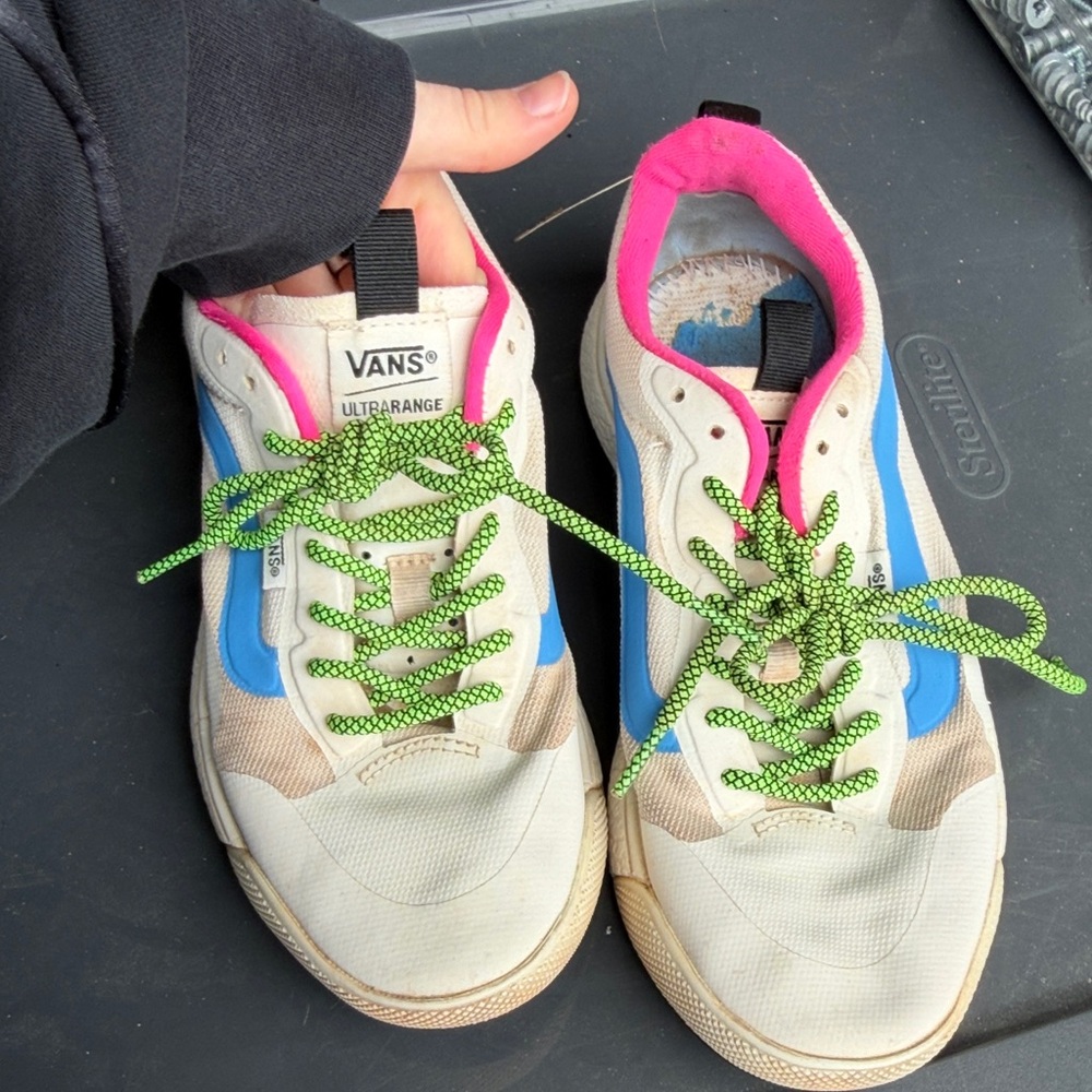 Vans Ultrarange White and Blue Sneakers with Pink Accents